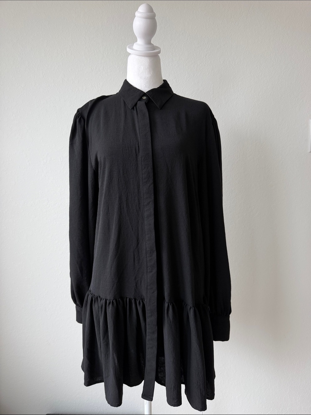 Black Long-Sleeve Button-Front Tiered Dress
